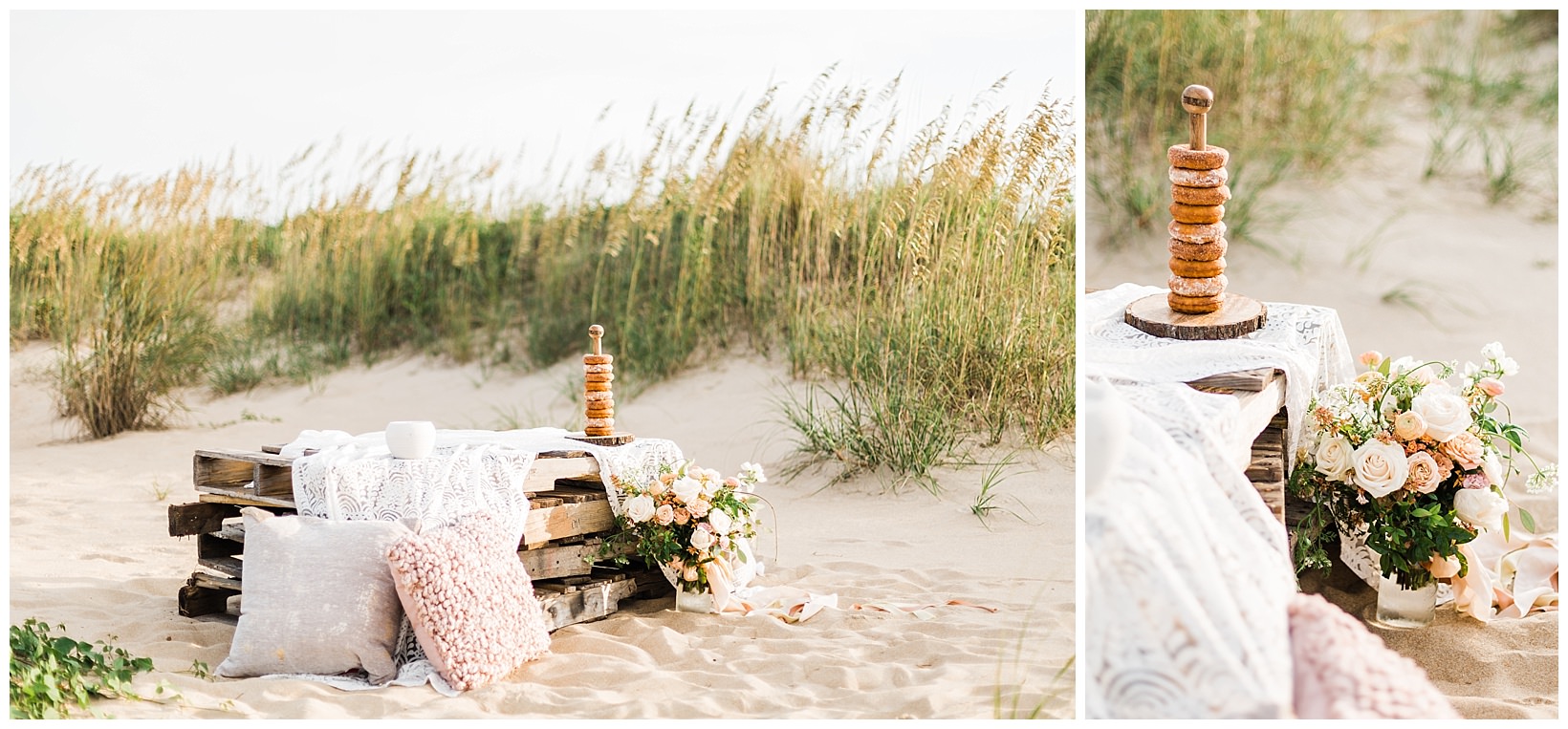 Donuts, florals, and tablescape from styled summer elopement in virginia beach