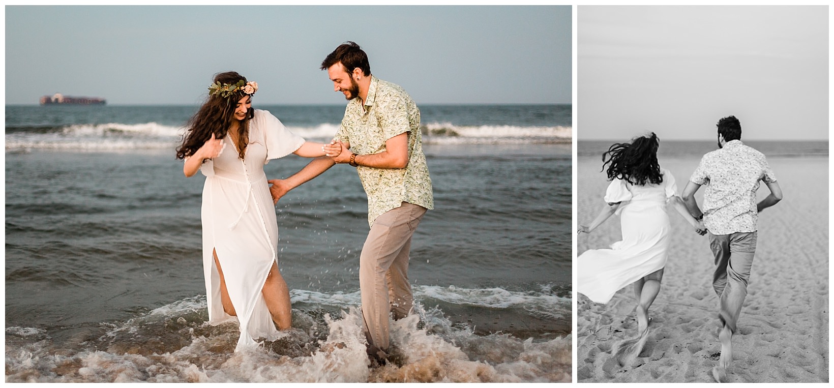 Virginia beachy indie elopement wedding photographer couple inspiration in the ocean and running on beach