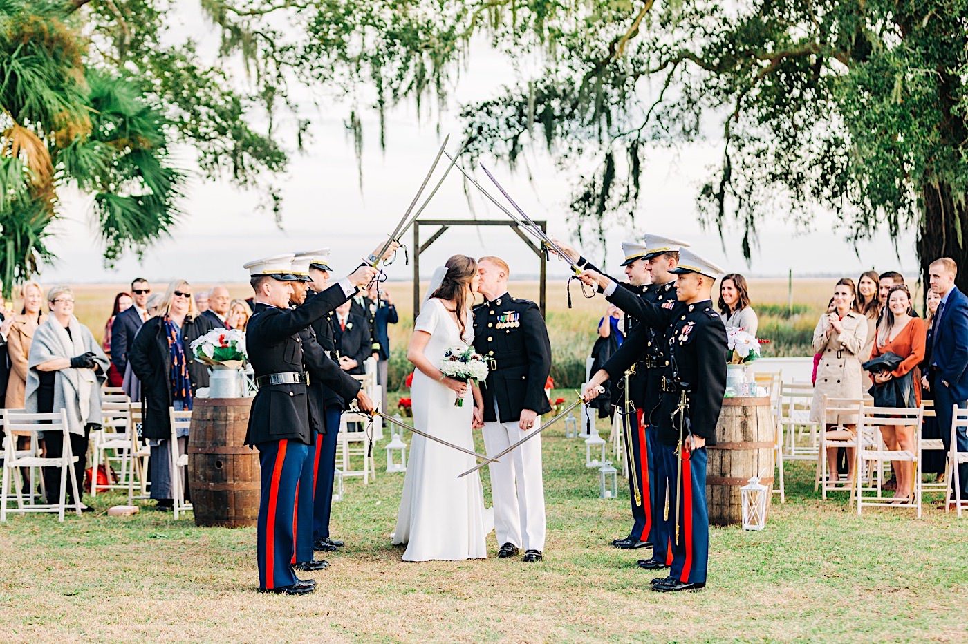 Agapae Oaks Wedding in Beaufort, Marine Corps wedding, sword arch at wedding