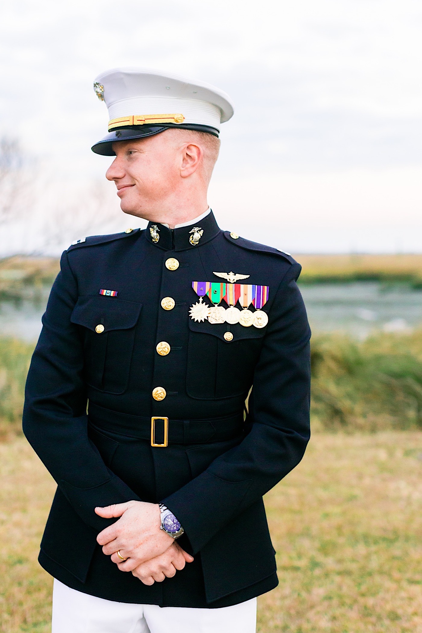 Agapae Oaks Wedding in Beaufort, Marine, groom, marine groom, groom in military