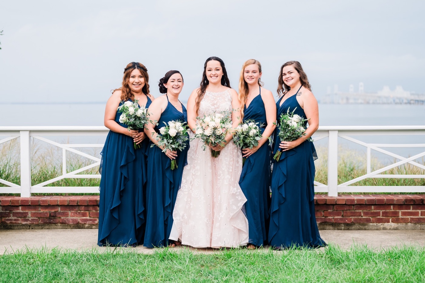 Chesapeake Bay Beach Club Wedding photos, bride and bridedsmaids at Beach Ballroom, view of chesapeake bay bridge, CBBC, Rainy wedding inspiration