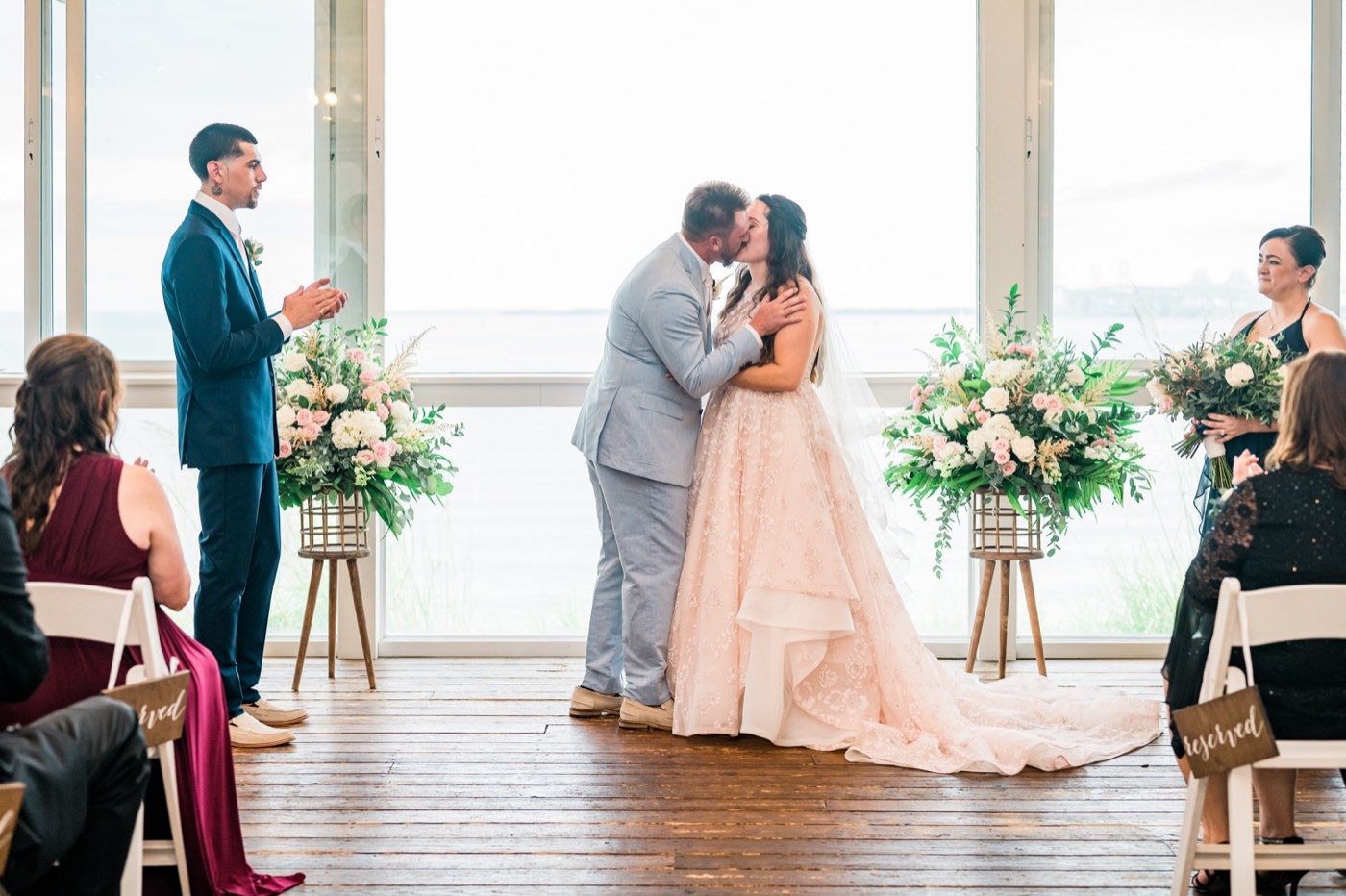 Chesapeake Bay Beach Club Wedding photos, first kiss in Beach Ballroom, CBBC, Rainy wedding inspiration