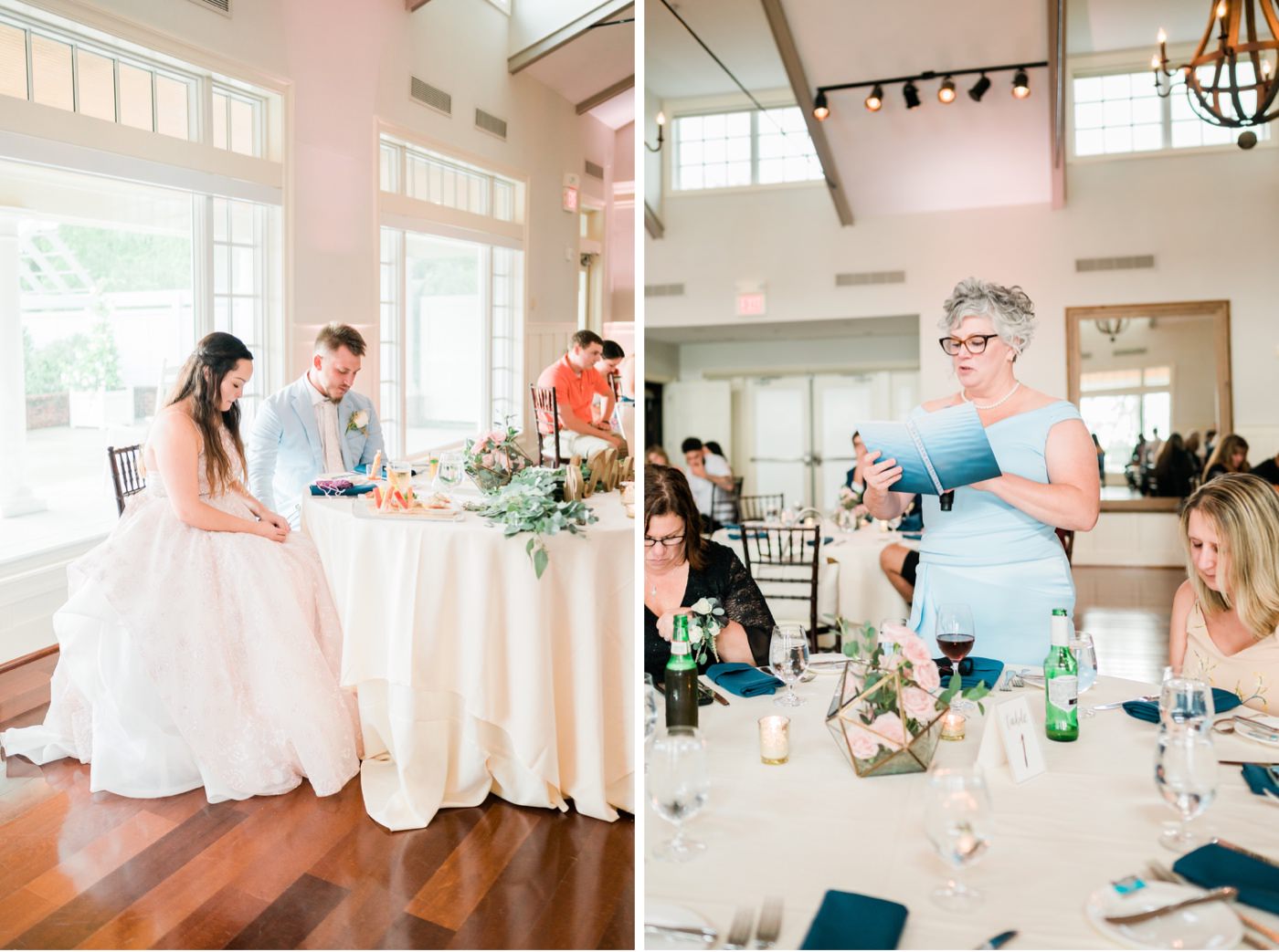 Chesapeake Bay Beach Club Wedding photos, prayer over dinner, CBBC, Rainy wedding inspiration