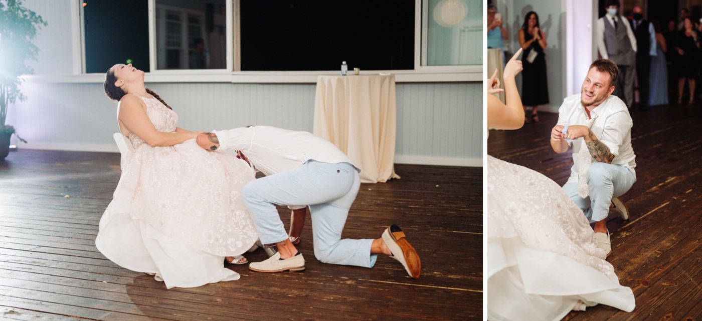 Chesapeake Bay Beach Club Wedding photos, removing garter, CBBC, Rainy wedding inspiration