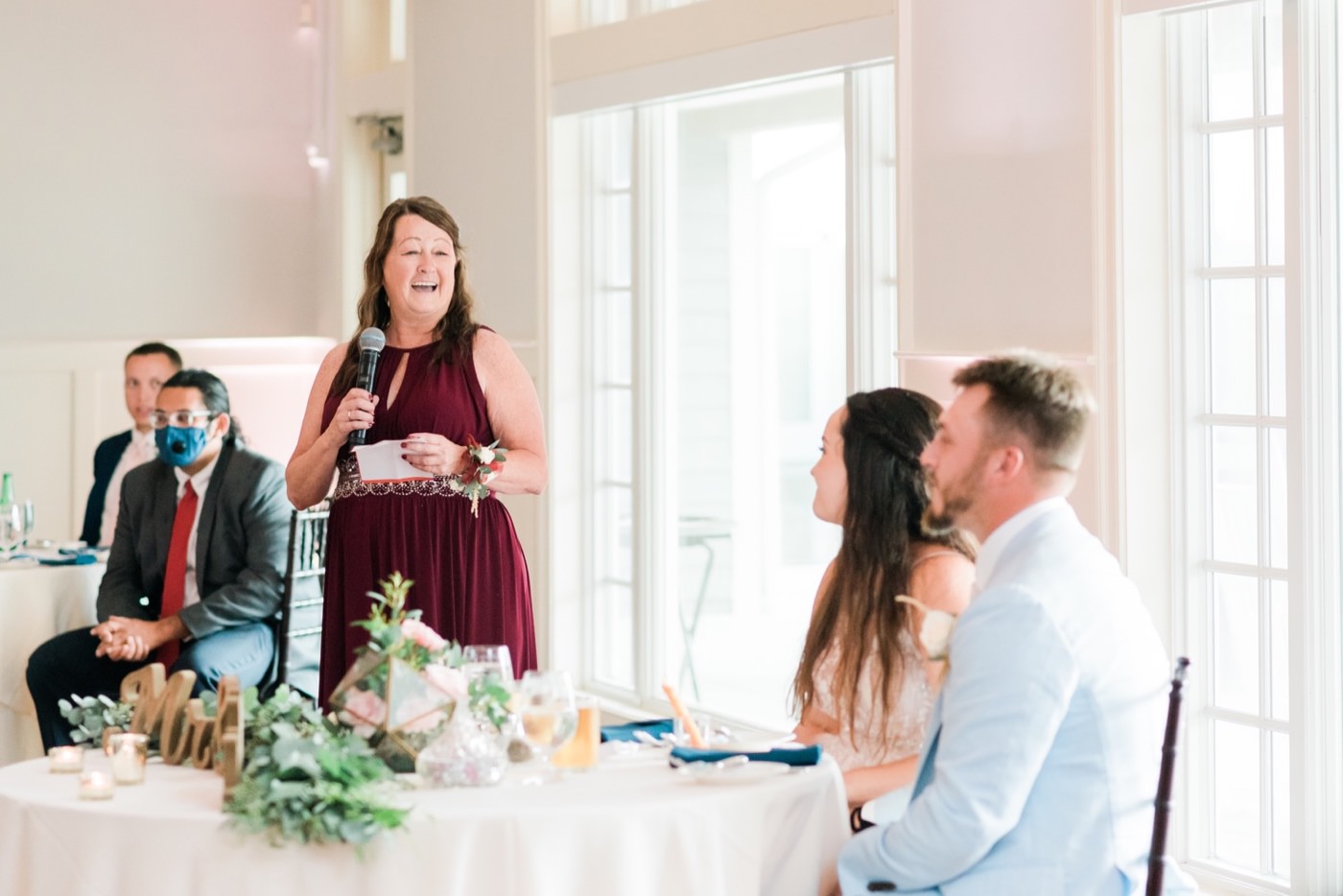 Chesapeake Bay Beach Club Wedding photos, mom of bride gives wedding toast, Beach Ballroom at CBBC, Rainy wedding inspiration