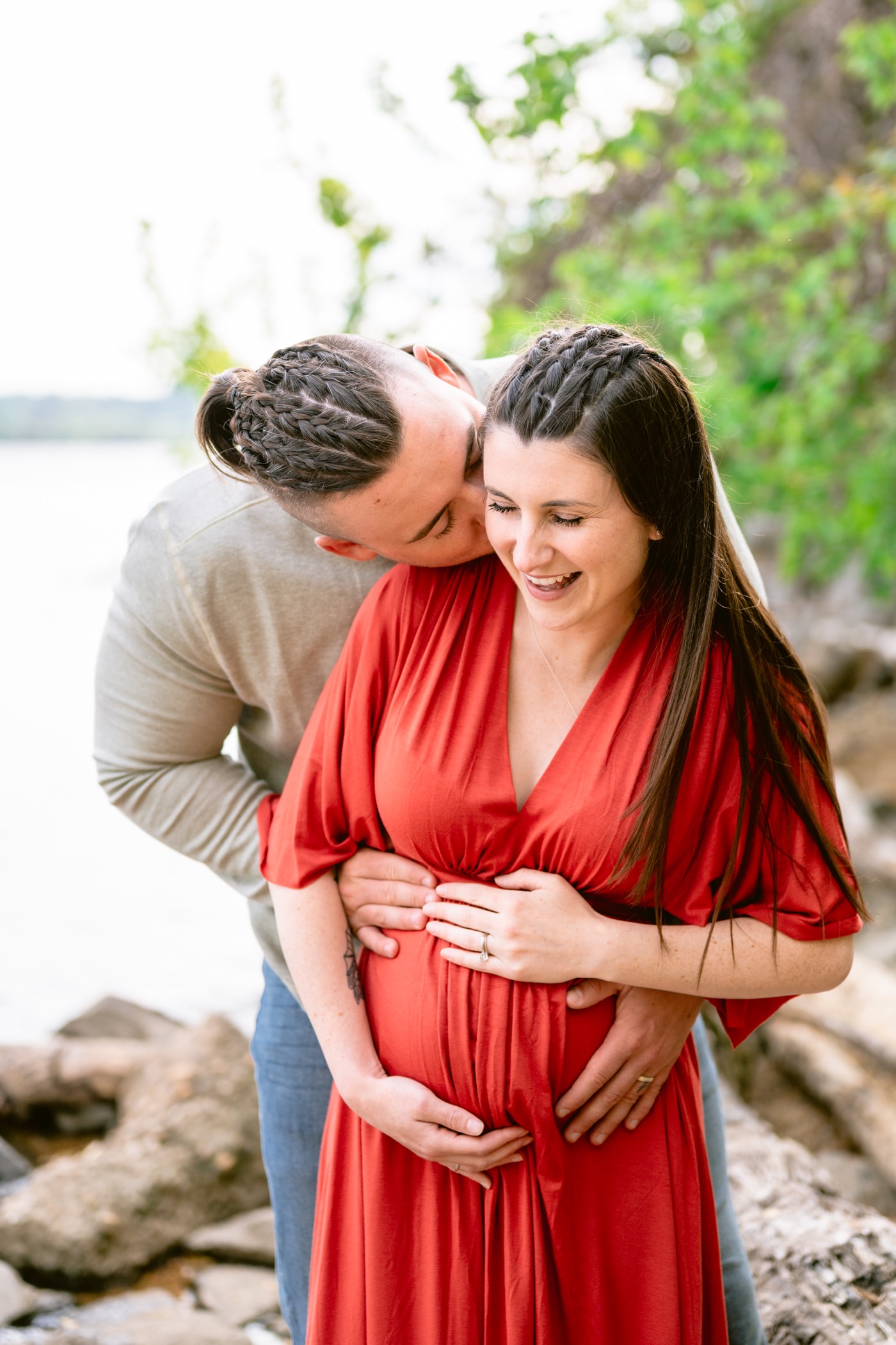 Virginia Maternity Photographer, Virginia Family Session, VA Mom to Be, Spring Maternity Session in Jones Point Park, Alexandria Maternity Session, red maternity dress, unique hair style